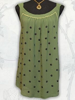 Anthropologie Silk Green Sleeveless Embroidered Tank Top